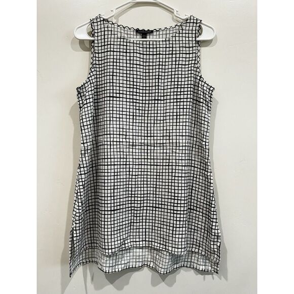 Eileen Fisher Tops - Eileen Fisher Textured Crepe Grid Long Shell  XXS Bateau-Neck Black White